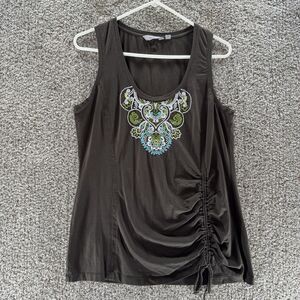 Athleta Shirt‎ Womens Extra Large Gray Embroidered Tank Top Sleeveless Cotton